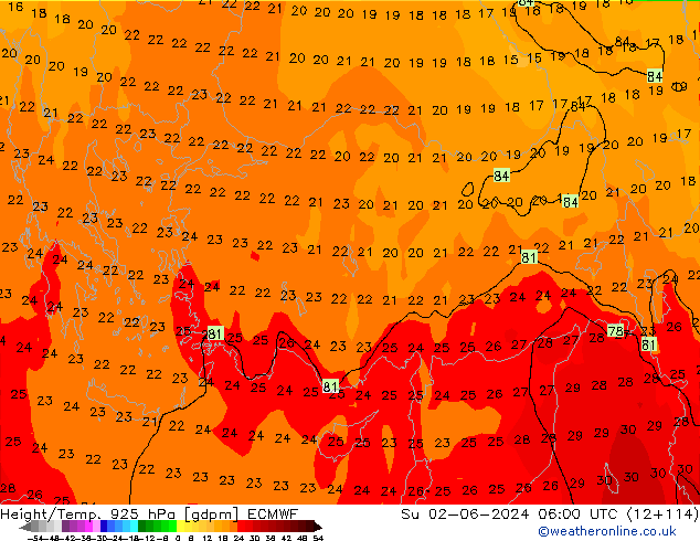 Height/Temp. 925 hPa ECMWF Dom 02.06.2024 06 UTC