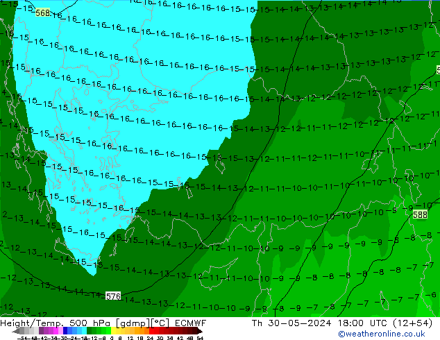 Z500/Rain (+SLP)/Z850 ECMWF Čt 30.05.2024 18 UTC