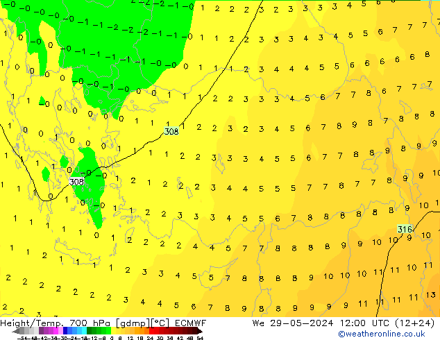 Height/Temp. 700 hPa ECMWF St 29.05.2024 12 UTC