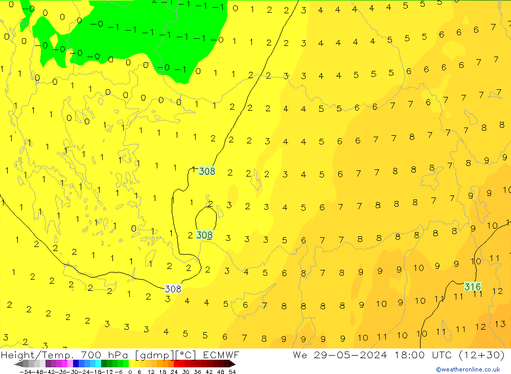 Height/Temp. 700 hPa ECMWF Qua 29.05.2024 18 UTC