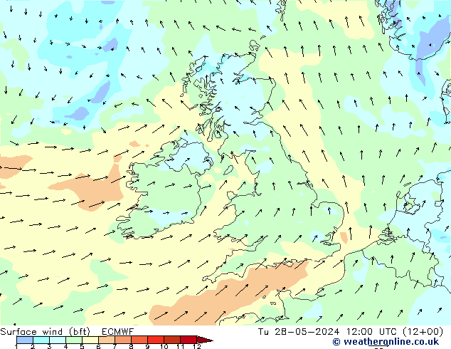 Surface wind (bft) ECMWF Tu 28.05.2024 12 UTC