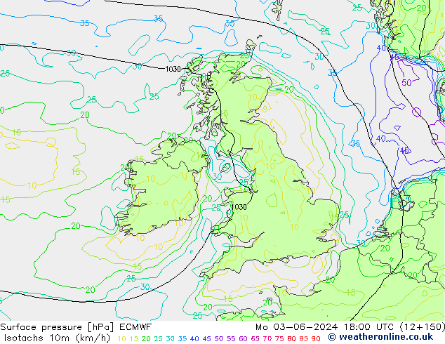 Isotachs (kph) ECMWF пн 03.06.2024 18 UTC