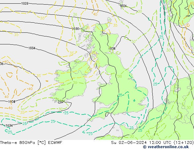 Theta-e 850hPa ECMWF Su 02.06.2024 12 UTC