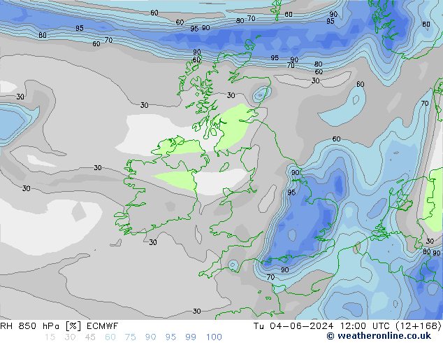 Humidité rel. 850 hPa ECMWF mar 04.06.2024 12 UTC