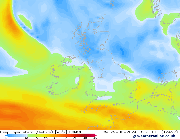 Deep layer shear (0-6km) ECMWF  29.05.2024 15 UTC