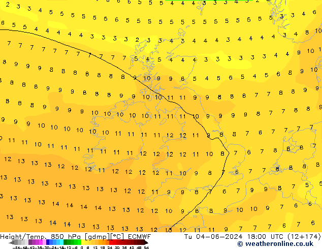 Hoogte/Temp. 850 hPa ECMWF di 04.06.2024 18 UTC