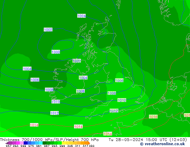 Espesor 700-1000 hPa ECMWF mar 28.05.2024 15 UTC