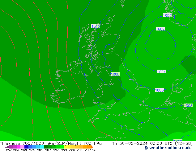 Thck 700-1000 гПа ECMWF чт 30.05.2024 00 UTC