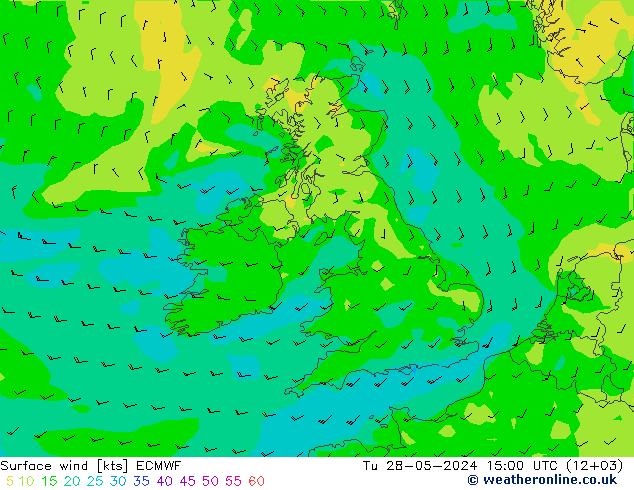 Surface wind ECMWF Út 28.05.2024 15 UTC