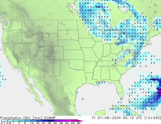 Precipitation (6h) ECMWF Pá 07.06.2024 12 UTC