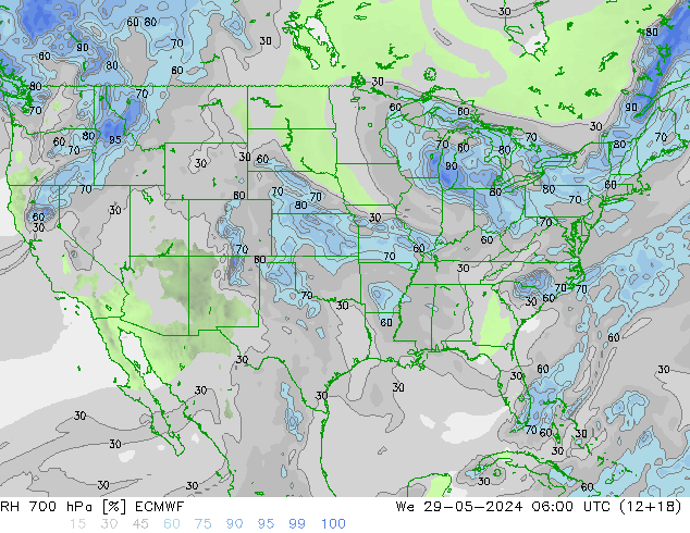 Humedad rel. 700hPa ECMWF mié 29.05.2024 06 UTC