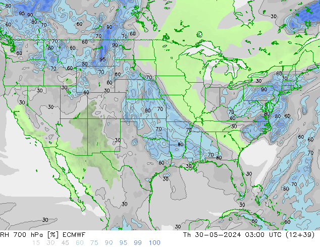 RH 700 гПа ECMWF чт 30.05.2024 03 UTC