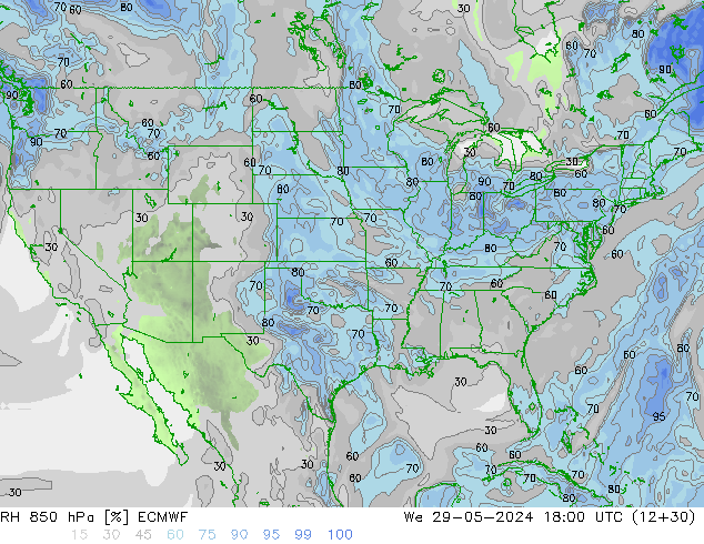 RH 850 hPa ECMWF We 29.05.2024 18 UTC