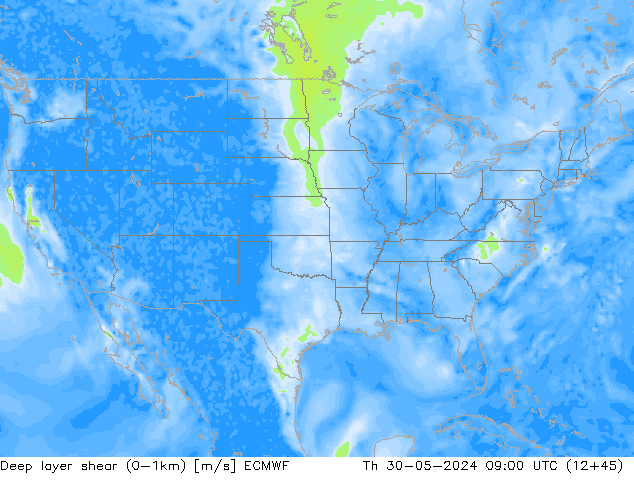 Deep layer shear (0-1km) ECMWF Th 30.05.2024 09 UTC