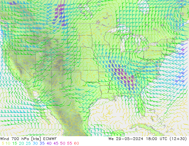 Vent 700 hPa ECMWF mer 29.05.2024 18 UTC