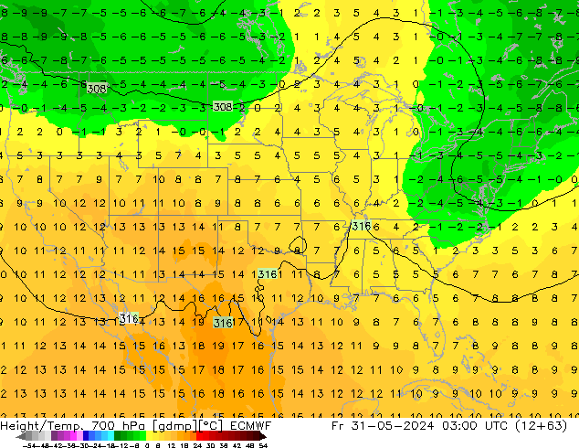 Height/Temp. 700 hPa ECMWF Fr 31.05.2024 03 UTC