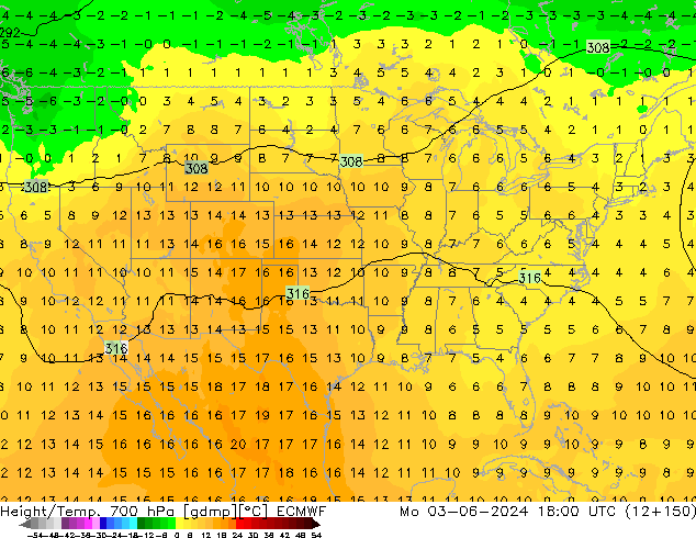 Height/Temp. 700 гПа ECMWF пн 03.06.2024 18 UTC