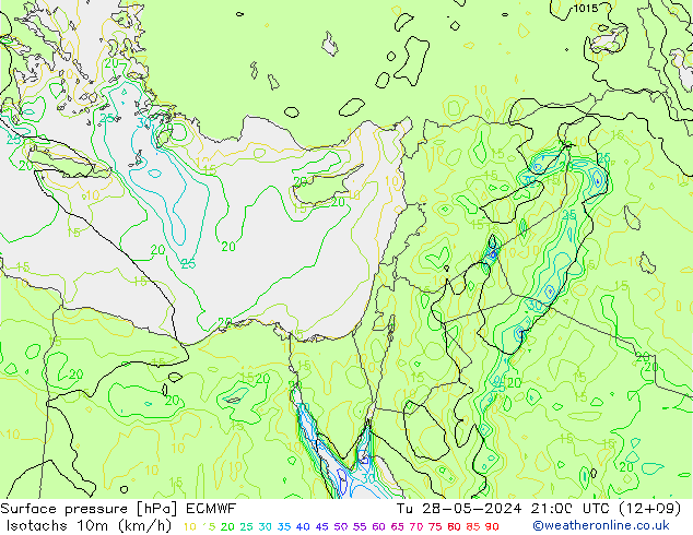 Isotachs (kph) ECMWF вт 28.05.2024 21 UTC