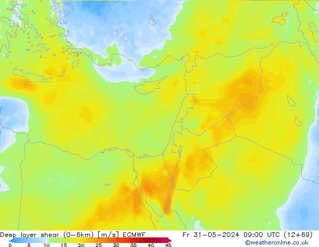 Deep layer shear (0-6km) ECMWF Fr 31.05.2024 09 UTC