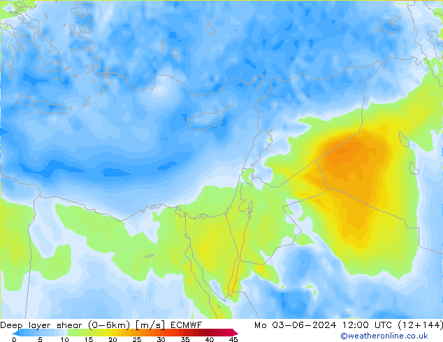 Deep layer shear (0-6km) ECMWF Mo 03.06.2024 12 UTC