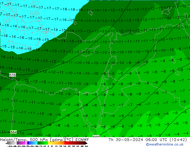 Height/Temp. 500 hPa ECMWF czw. 30.05.2024 06 UTC