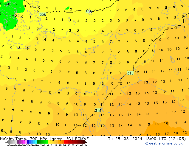 Geop./Temp. 700 hPa ECMWF mar 28.05.2024 18 UTC