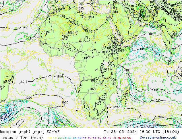 Isotachs (mph) ECMWF Tu 28.05.2024 18 UTC