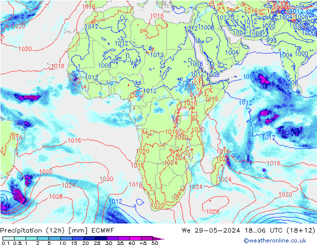 Totale neerslag (12h) ECMWF wo 29.05.2024 06 UTC