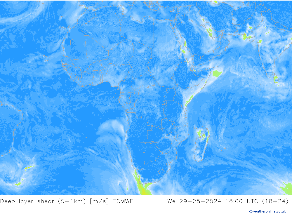 Deep layer shear (0-1km) ECMWF Çar 29.05.2024 18 UTC