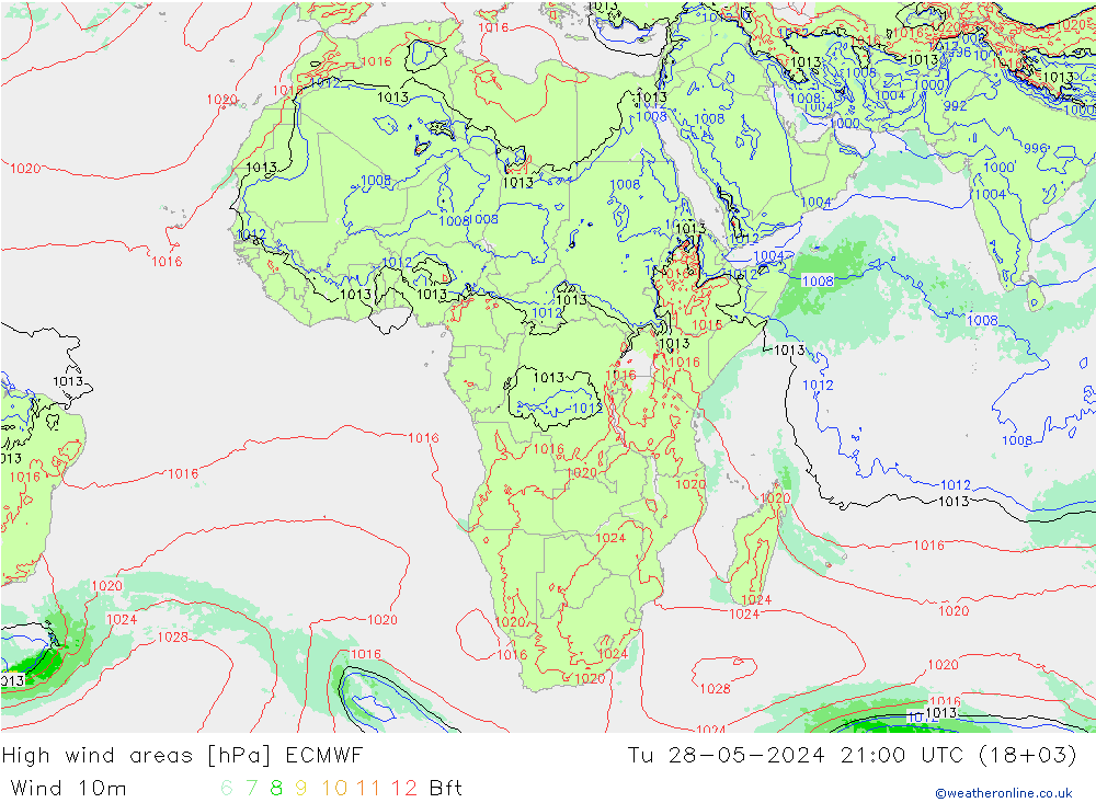 High wind areas ECMWF вт 28.05.2024 21 UTC