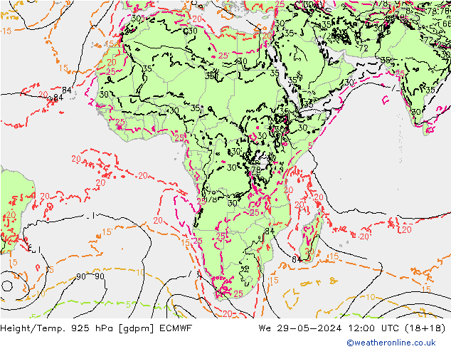 Height/Temp. 925 hPa ECMWF St 29.05.2024 12 UTC