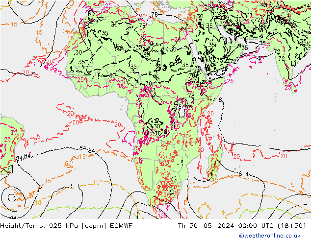 Geop./Temp. 925 hPa ECMWF jue 30.05.2024 00 UTC