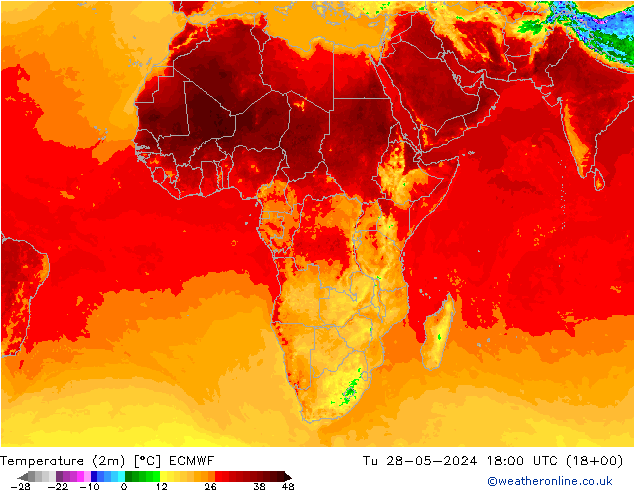 Temperature (2m) ECMWF Tu 28.05.2024 18 UTC