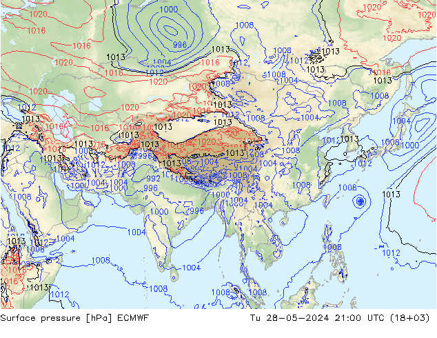 Surface pressure ECMWF Tu 28.05.2024 21 UTC