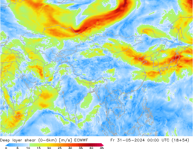 Deep layer shear (0-6km) ECMWF Pá 31.05.2024 00 UTC