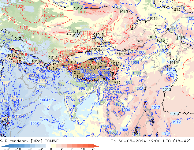 Druktendens (+/-) ECMWF do 30.05.2024 12 UTC