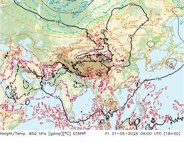 Hoogte/Temp. 850 hPa ECMWF vr 31.05.2024 06 UTC