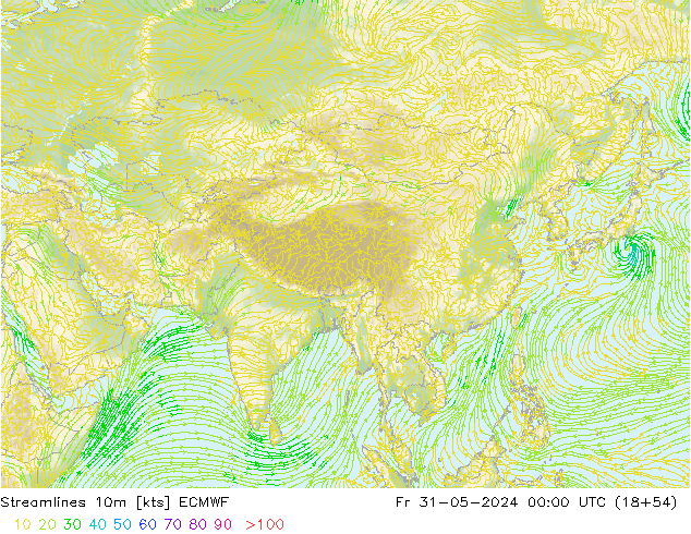 Streamlines 10m ECMWF Pá 31.05.2024 00 UTC