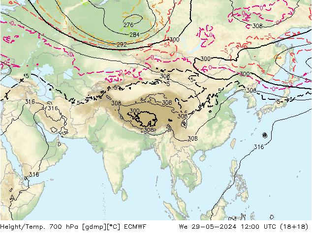 Height/Temp. 700 hPa ECMWF  29.05.2024 12 UTC