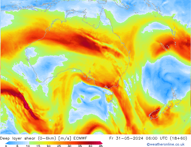 Deep layer shear (0-6km) ECMWF Fr 31.05.2024 06 UTC