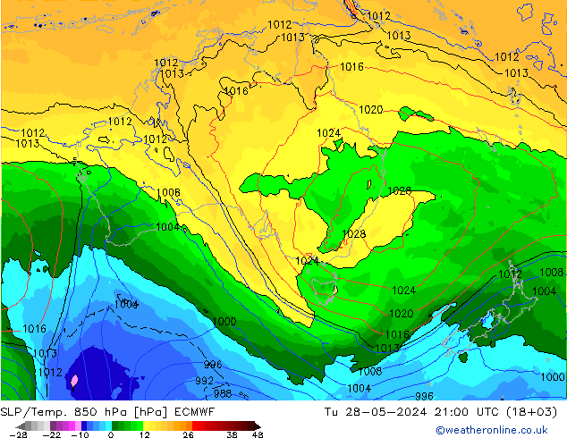 850 hPa Yer Bas./Sıc ECMWF Sa 28.05.2024 21 UTC