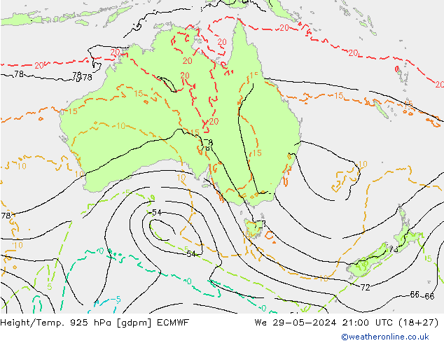 Hoogte/Temp. 925 hPa ECMWF wo 29.05.2024 21 UTC