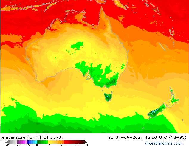 Temperature (2m) ECMWF Sa 01.06.2024 12 UTC