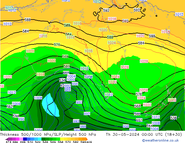 Espesor 500-1000 hPa ECMWF jue 30.05.2024 00 UTC