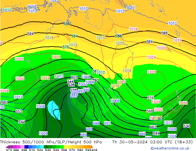 Thck 500-1000hPa ECMWF Čt 30.05.2024 03 UTC