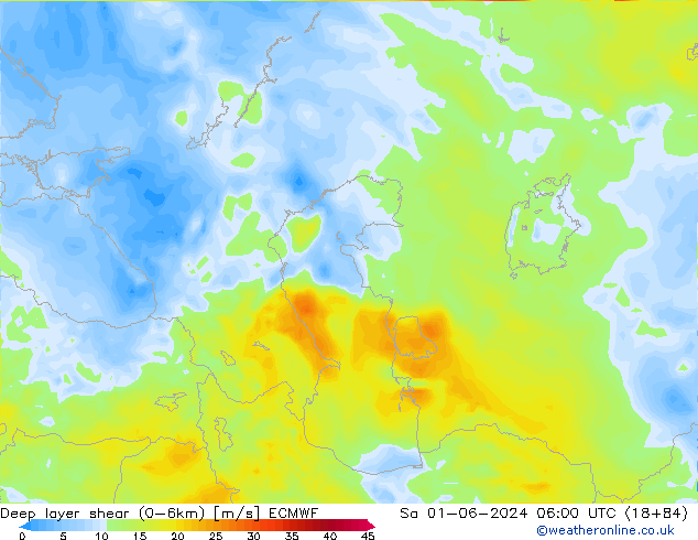 Deep layer shear (0-6km) ECMWF sab 01.06.2024 06 UTC