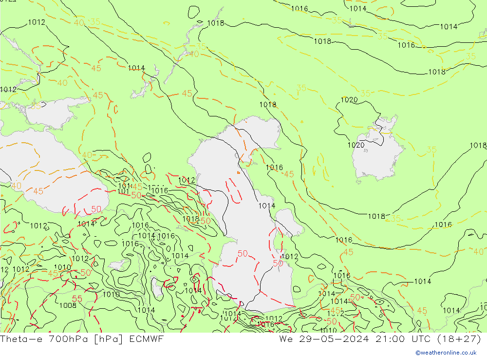 Theta-e 700hPa ECMWF śro. 29.05.2024 21 UTC