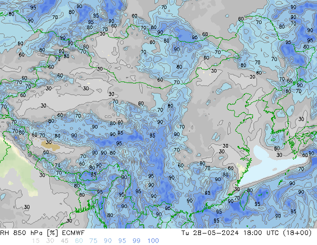 Humidité rel. 850 hPa ECMWF mar 28.05.2024 18 UTC