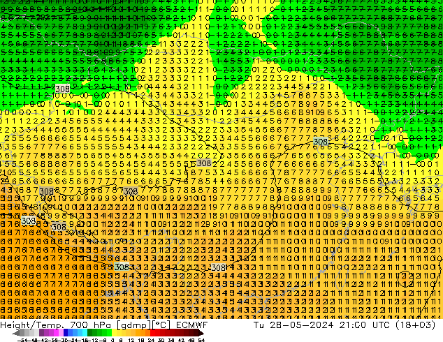 Hoogte/Temp. 700 hPa ECMWF di 28.05.2024 21 UTC