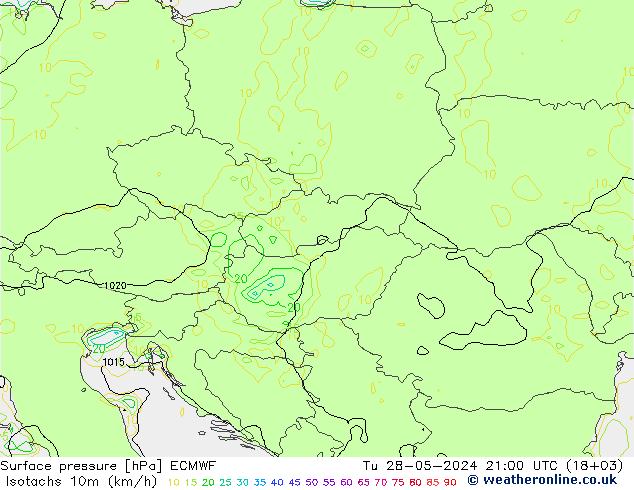 Isotachs (kph) ECMWF Út 28.05.2024 21 UTC